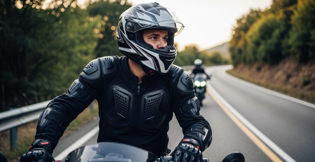 Motard concentré en pleine anticipation de la route, préparé et équipé, prêt à éviter les dangers