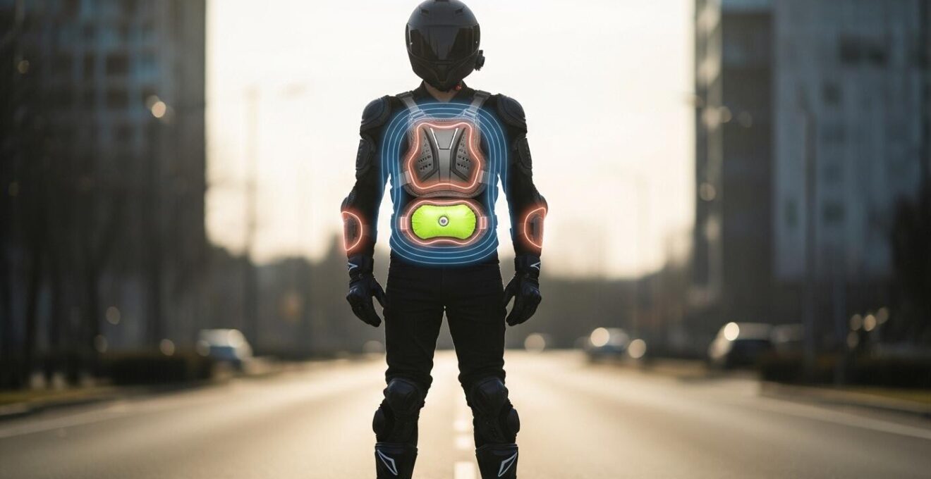 Motard équipé de protections moto avec casque, gants, dorsale et airbag dans un ordre stratégique de sécurité