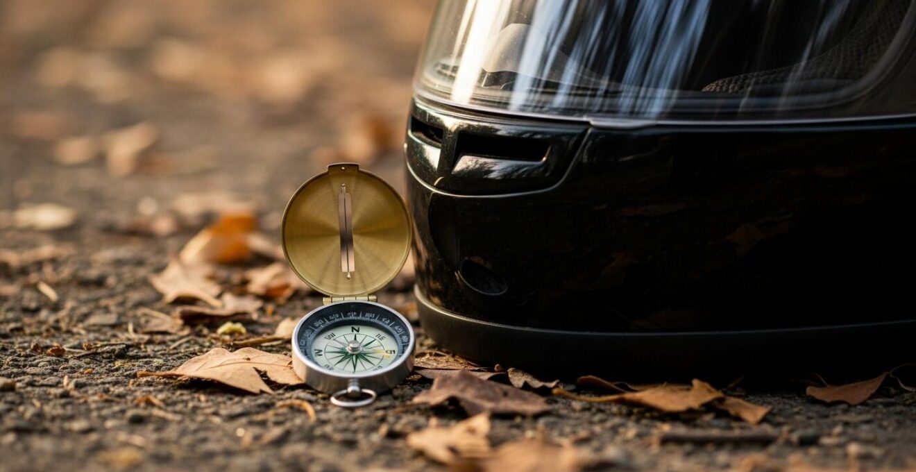 Composition environnementale symbolique représentant un cadre minimal avec une boussole et un casque de moto sur un fond naturel