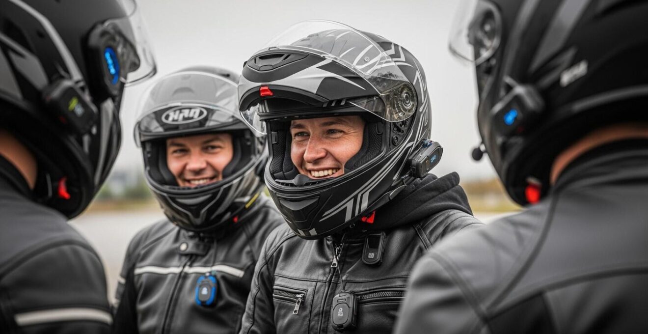 Motards en balade communiquant via intercom Bluetooth sur leurs casques.