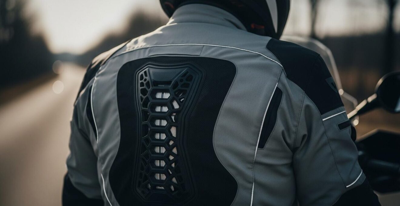 Motard de dos portant une dorsale moderne visible sous son blouson renforcé