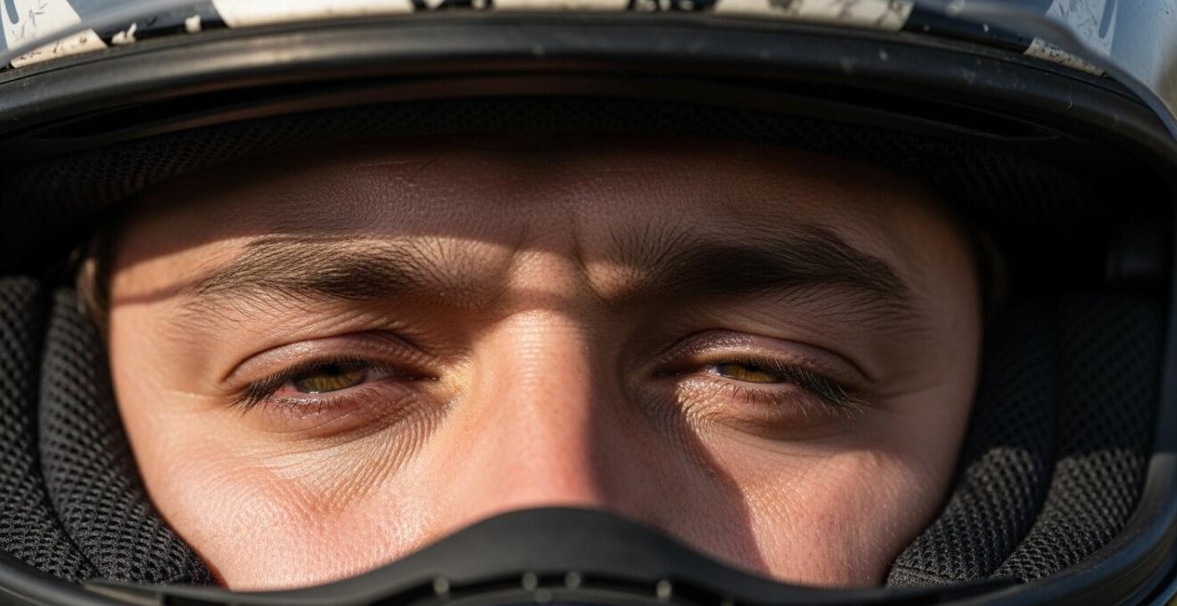 Photographie macro d'un visage de motard avec un casque, montrant les signes subtils de fatigue sur les yeux.