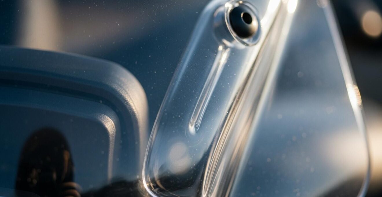 Photographie documentaire d'une bulle de moto en gros plan montrant sa forme aérodynamique et son ajustement sur une moto moderne.