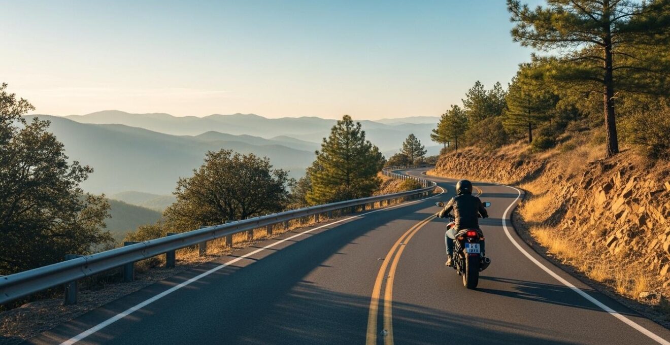 Motard solitaire sur une route sinueuse entourée de paysages naturels vastes, capturant l'essence de l'improvisation et de la liberté
