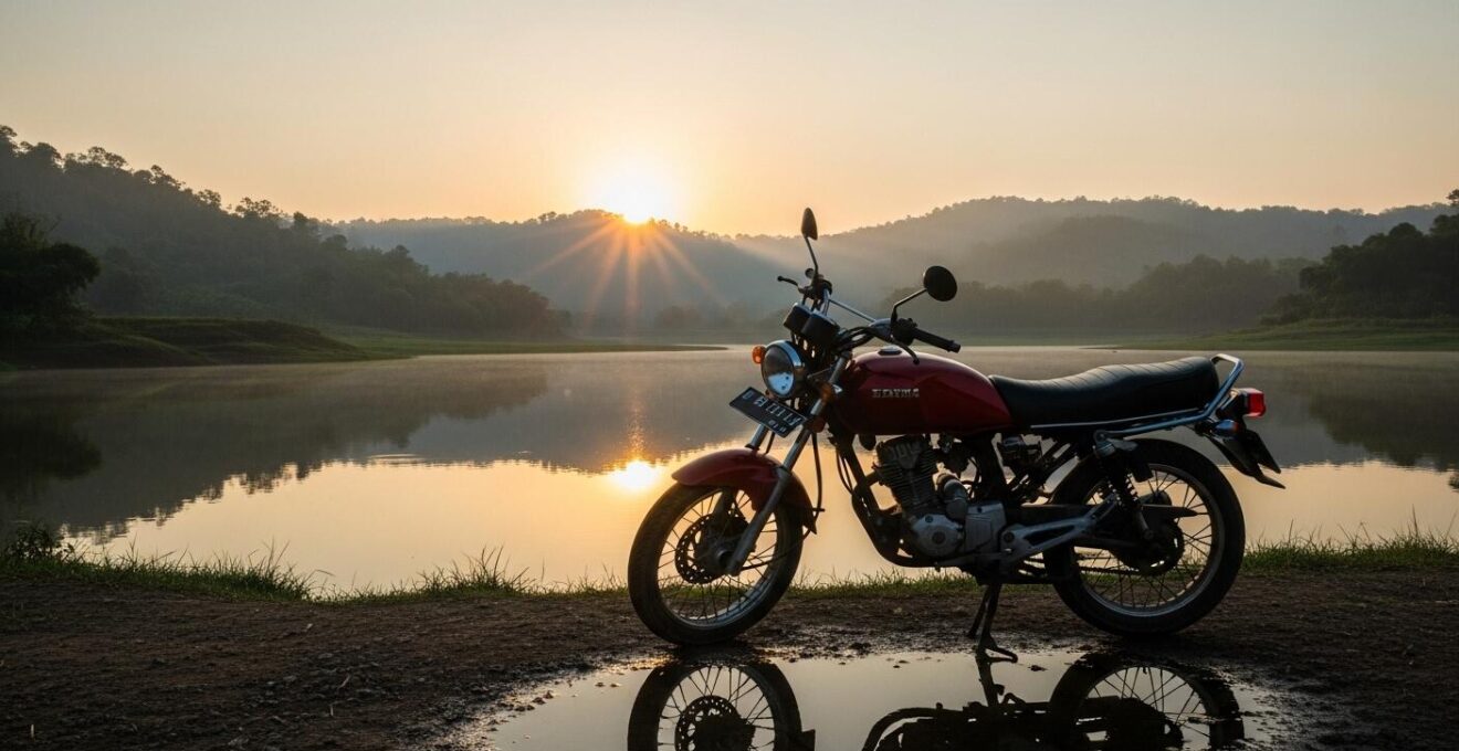 Vue environnementale d’une moto garée près d’un petit lac au lever du soleil lors d’une micro-aventure matinale