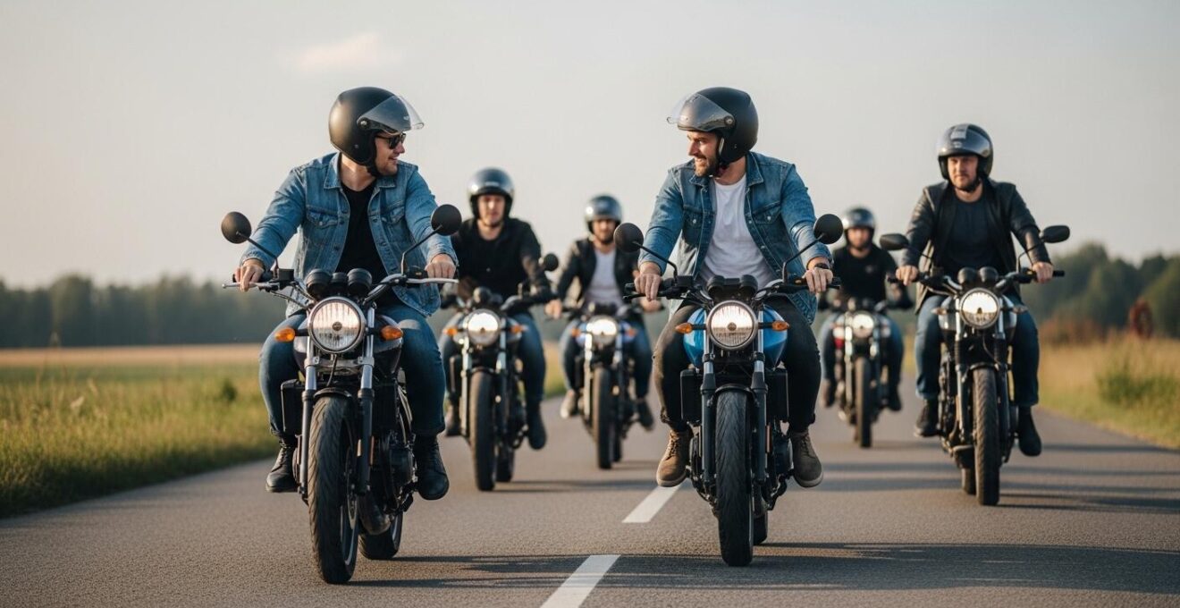 Groupe de motards en balade sur route de campagne, en formation sécurisée, sous une lumière naturelle douce