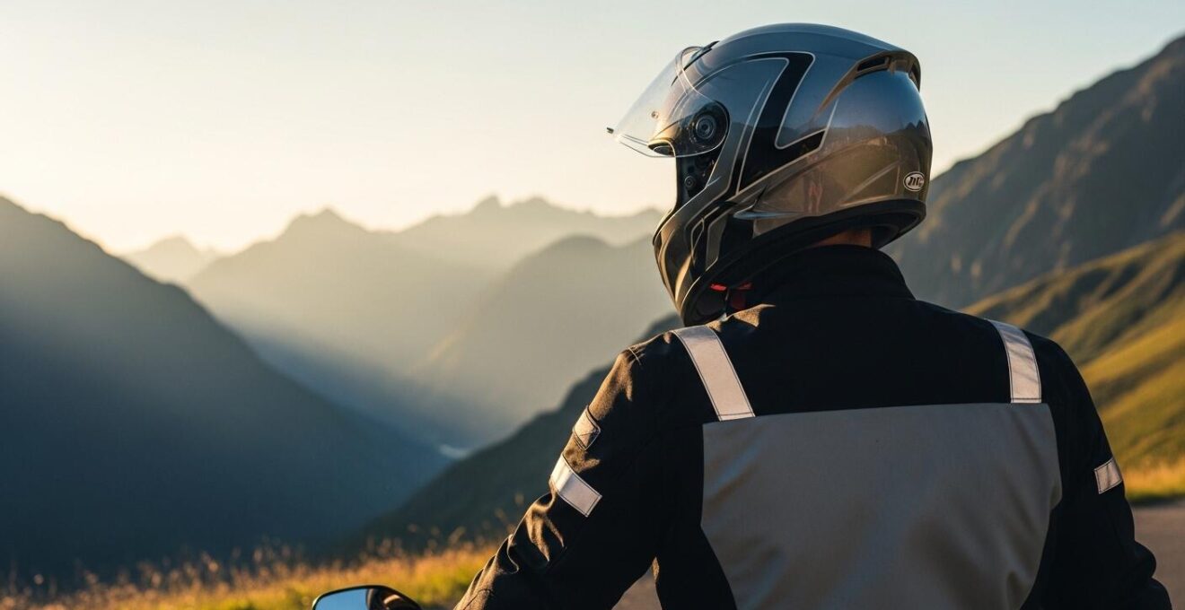 Motard avec son casque réfléchissant regardant un col de montagne au lever du soleil