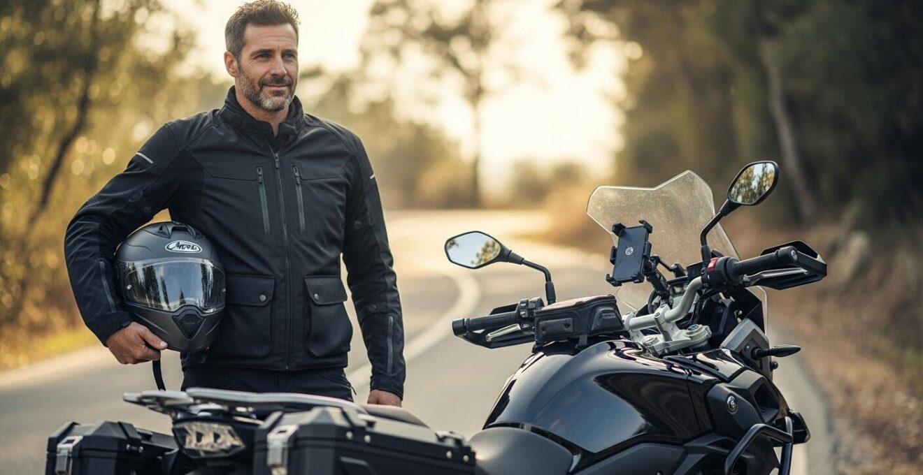 Photographie d'un motard équipé d'accessoires discrets et fonctionnels sur sa moto, illustrant le confort et la sécurité.