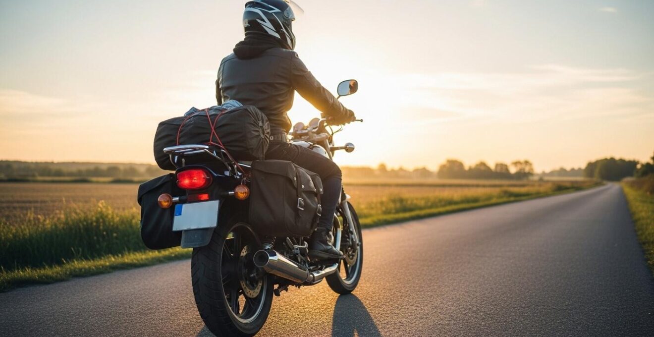 Photographie réaliste d'un motard prêt au départ d'un road trip, avec sa moto chargée sur une route de campagne ouverte au lever du soleil.
