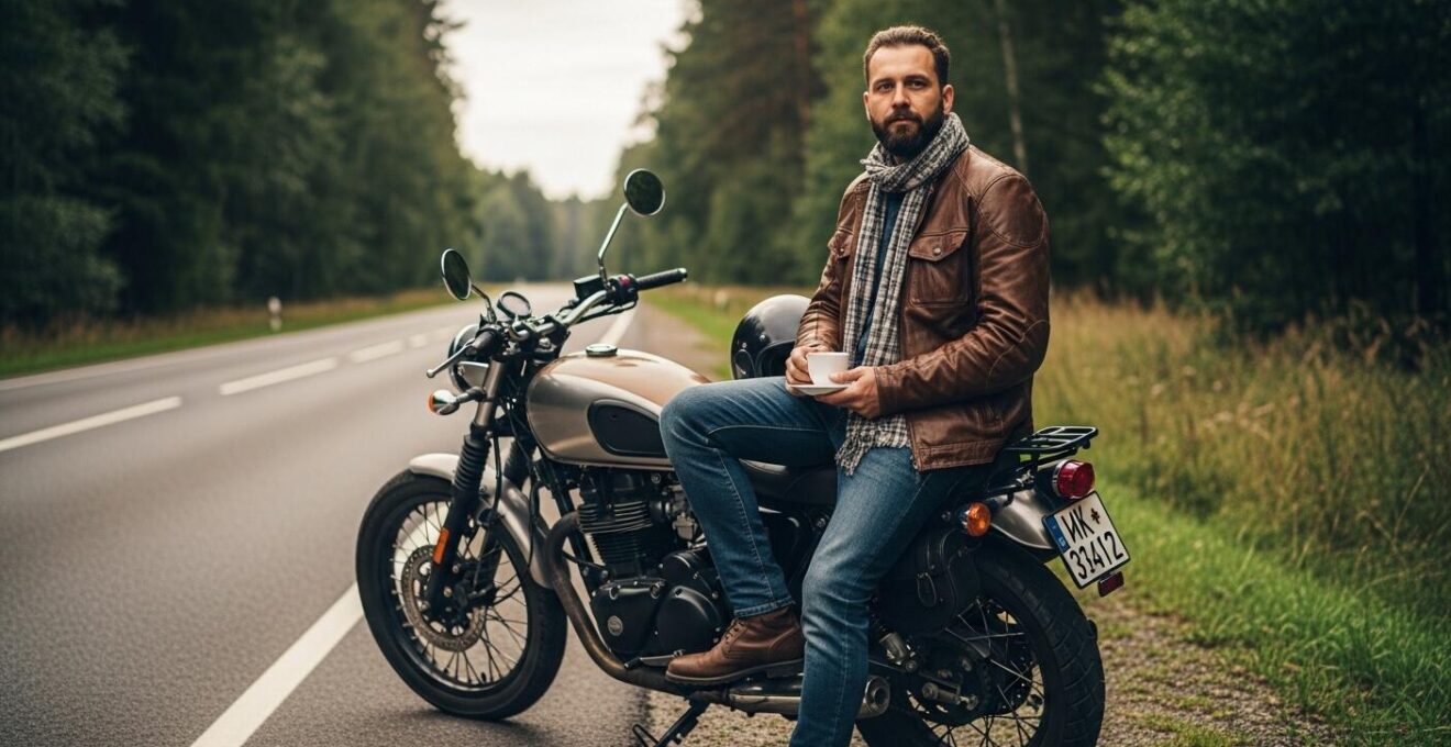 Motard prenant une pause café à côté de sa moto sur une route forestière