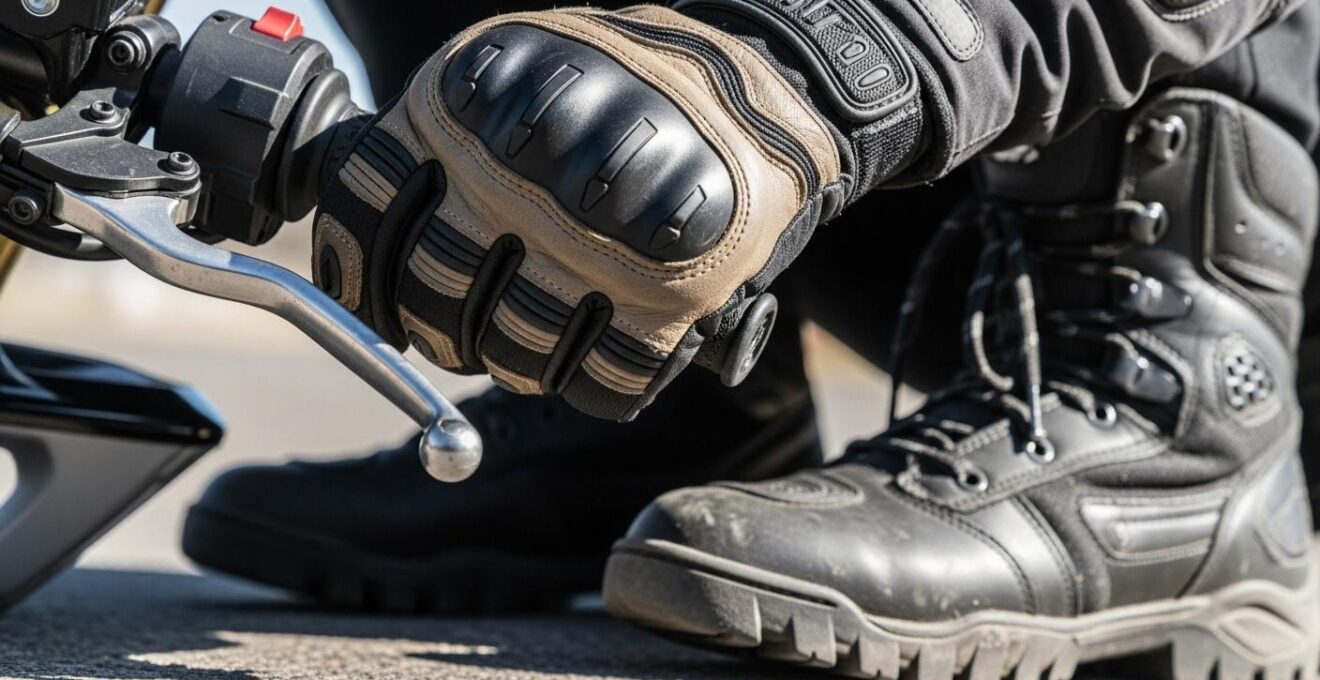 Gros plan sur les mains gantées et bottes moto robustes avec détails des renforts
