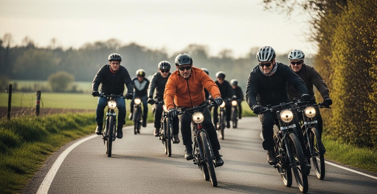 Groupe de motards roulant en formation serrée sur une route sinueuse, exprimant leur rythme commun