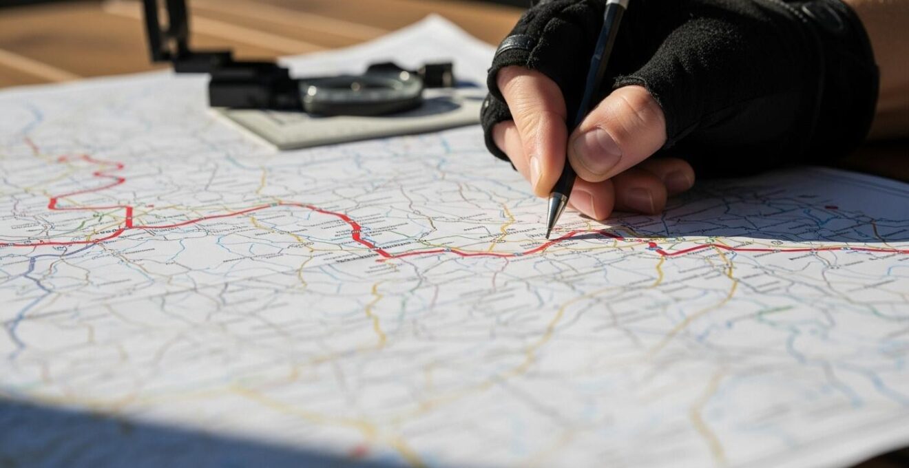Main d’un motard dessinant un itinéraire sur une carte vierge, outils de navigation disposés autour.
