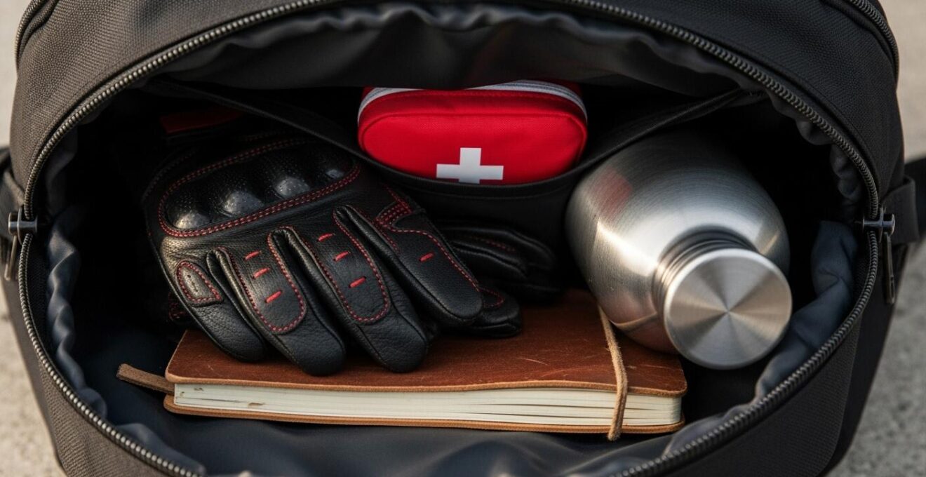 Détail en macro d’un sac de moto ouvert avec des éléments essentiels bien organisés à l’intérieur