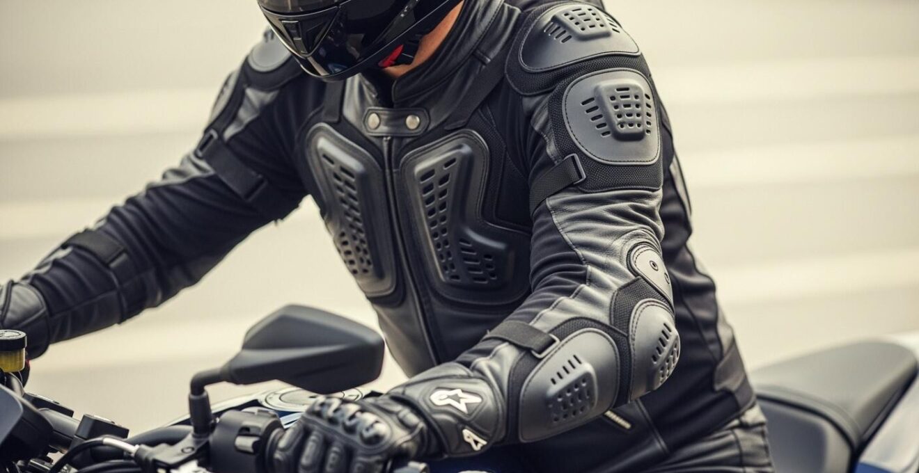Motard en tenue de protection intégrale, cuir et textile, sur sa moto dans un paysage urbain dynamique