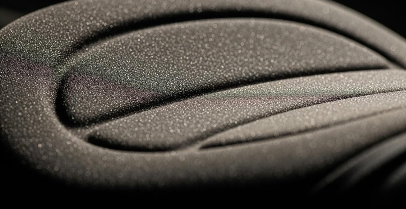 Photographie en gros plan d'une selle moto avec focus sur la texture et la mousse intérieure.