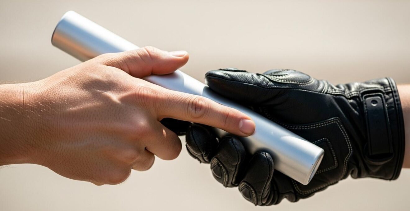 Mains passant un bâton symbolique entre motards représentant ouvreur et fermeur