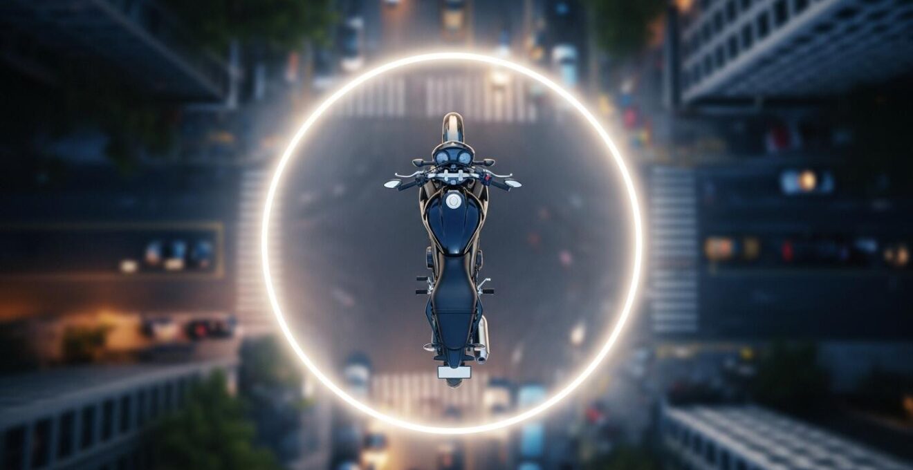 Disposition spatiale d’une moto entourée d’une zone de sécurité visuelle et physique symbolique