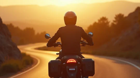 Un motard en pleine route avec une moto équipée d'accessoires discrets et fonctionnels qui se font oublier