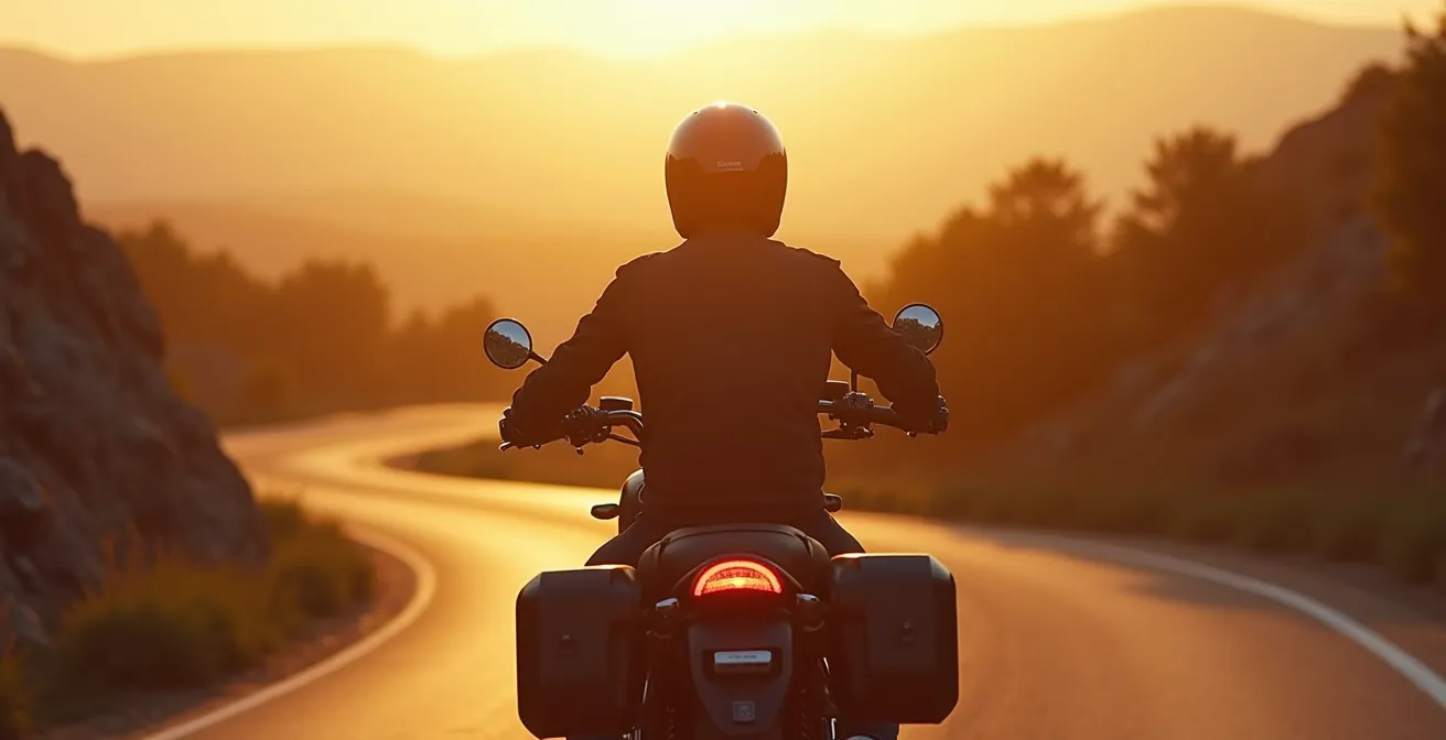 Un motard en pleine route avec une moto équipée d'accessoires discrets et fonctionnels qui se font oublier