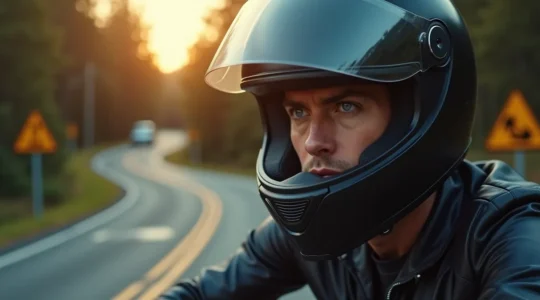 Motard en pleine concentration anticipant la route avec une vue symbolique de sa zone de sécurité dynamique