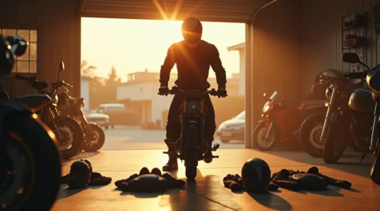 Motard s'équipant méthodiquement avec casque, gants, dorsale et autres protections dans l'ordre de priorité sécuritaire