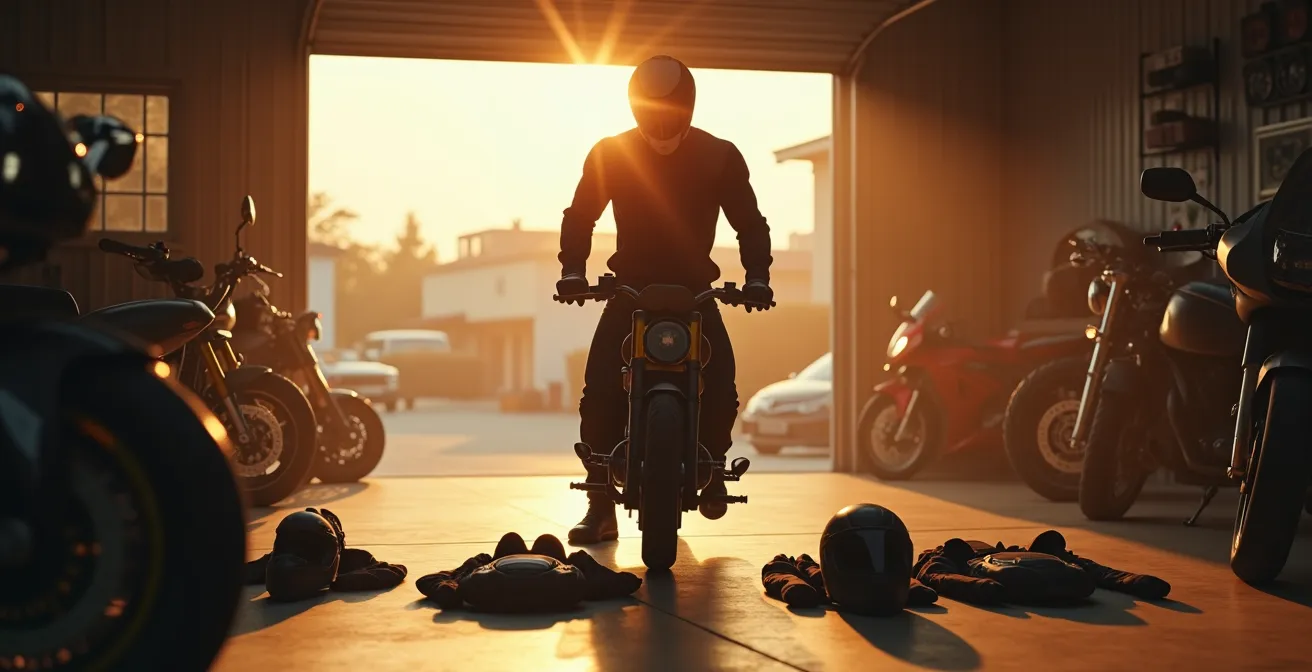 Motard s'équipant méthodiquement avec casque, gants, dorsale et autres protections dans l'ordre de priorité sécuritaire