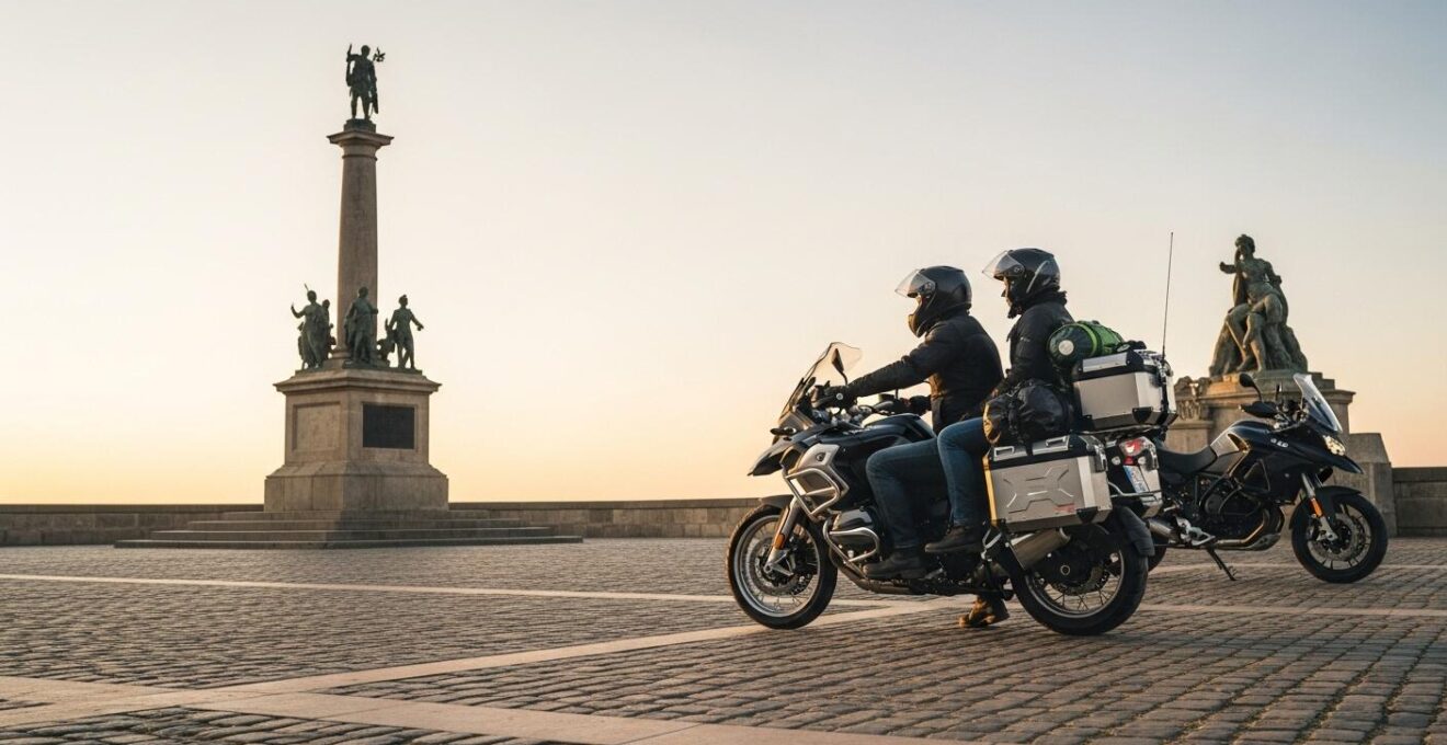Deux motards en duo sur une grande routiere chargée en bagages, devant un monument emblématique, ambiance voyage.