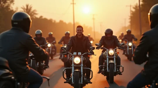 Motard donnant un briefing à un groupe avant de partir en balade, avec motos alignées au lever du soleil