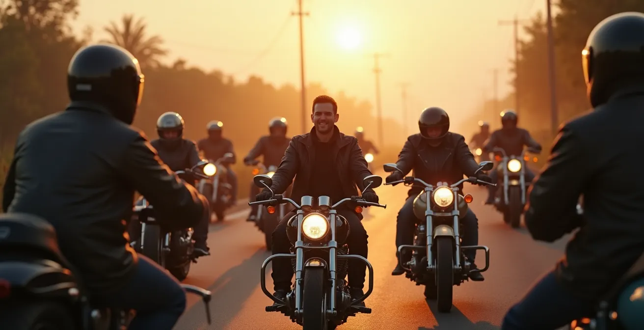 Motard donnant un briefing à un groupe avant de partir en balade, avec motos alignées au lever du soleil
