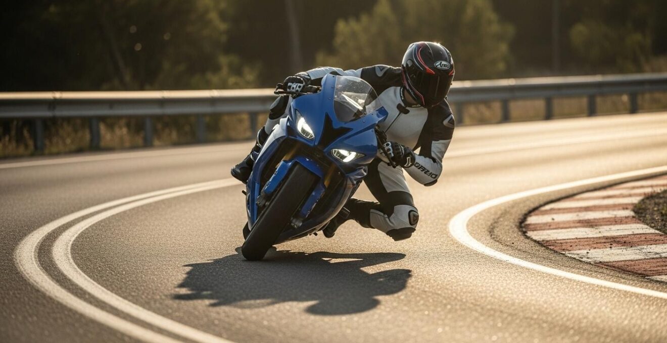 Illustration détaillée d’un motard en position de virage montrant clairement la dissociation entre hanches et épaules pour maîtriser l’inclinaison de la moto