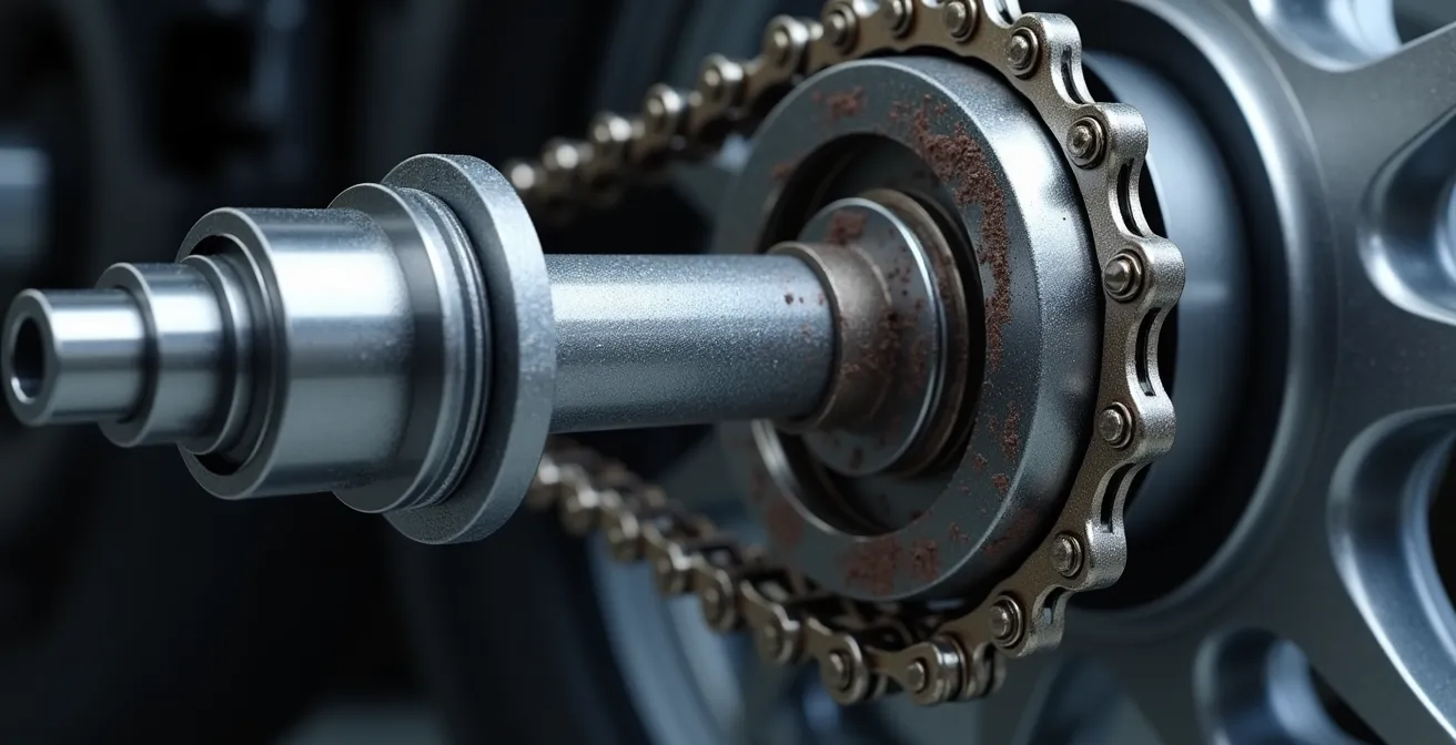 Gros plan sur une transmission par cardan de moto BMW, montrant la propreté et la simplicité mécanique par rapport à une chaîne