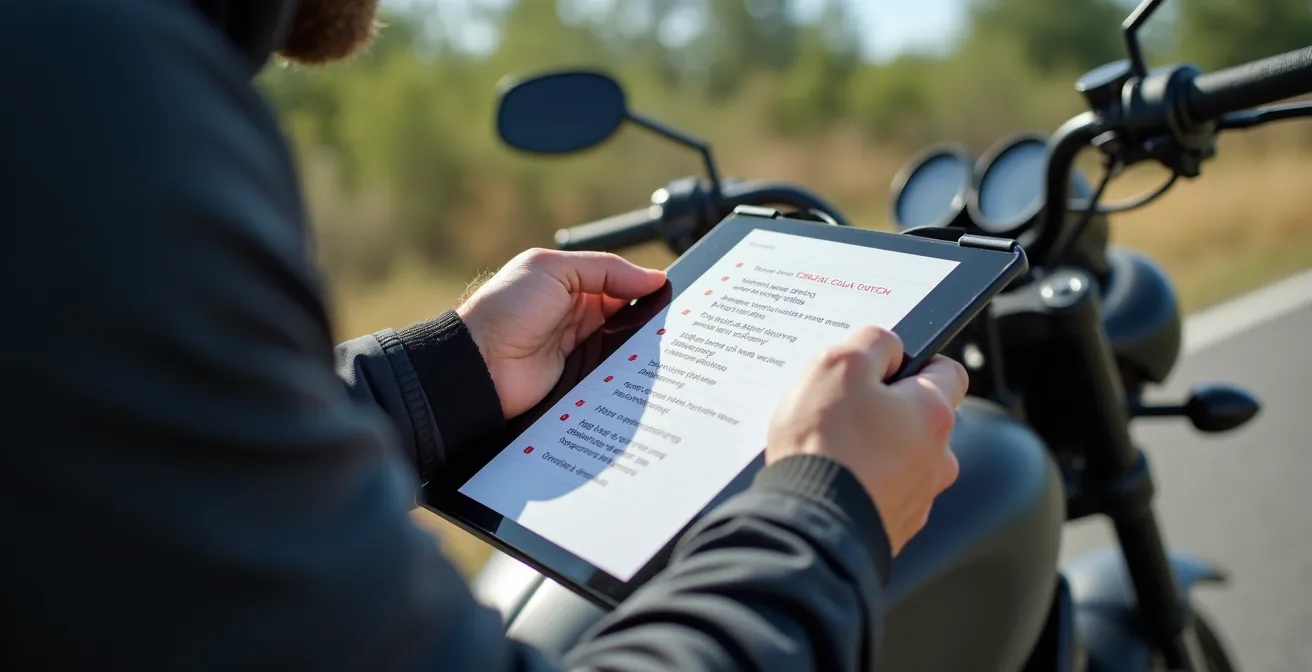 Motard consultant une checklist visuelle moderne sur un carnet avant départ en balade