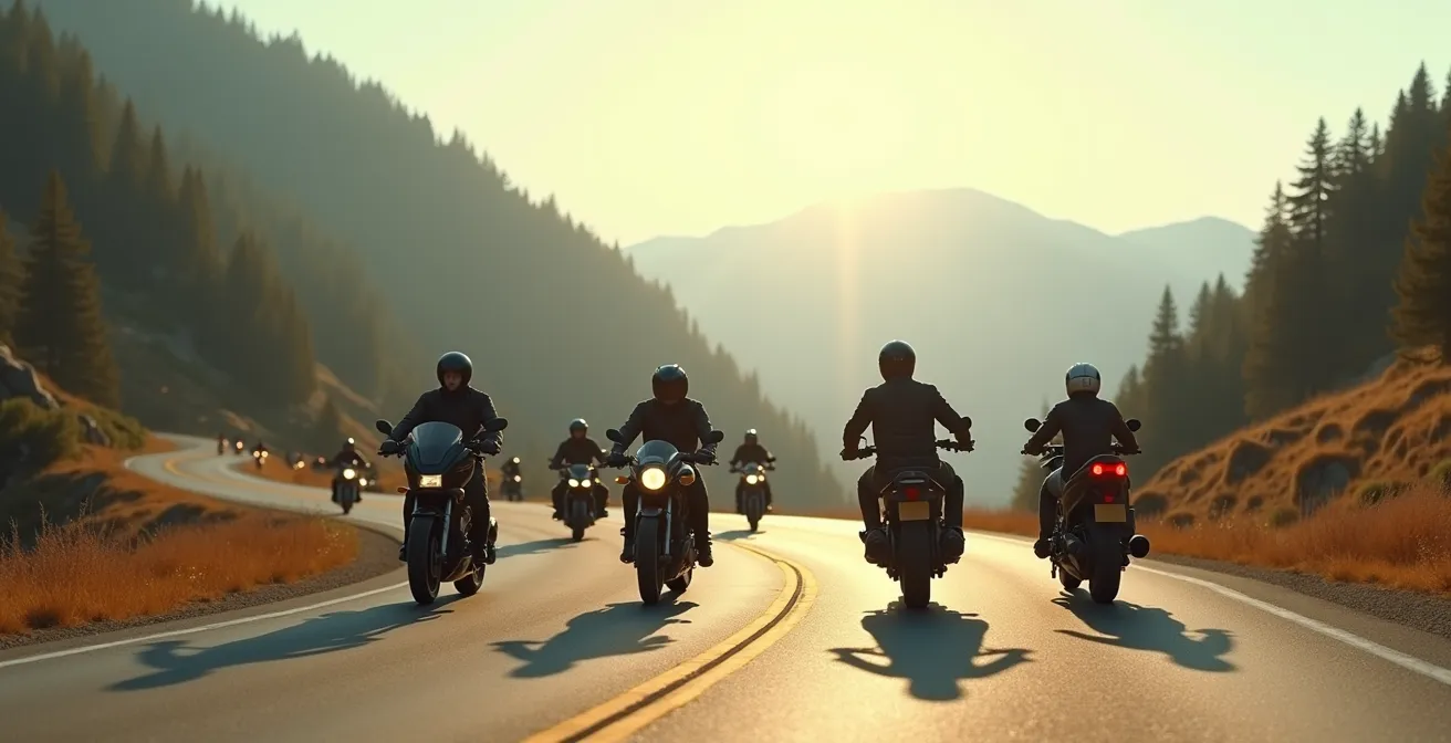 Illustration montrant comment un groupe de motards de niveaux différents peut harmonieusement cohabiter grâce à une organisation intelligente