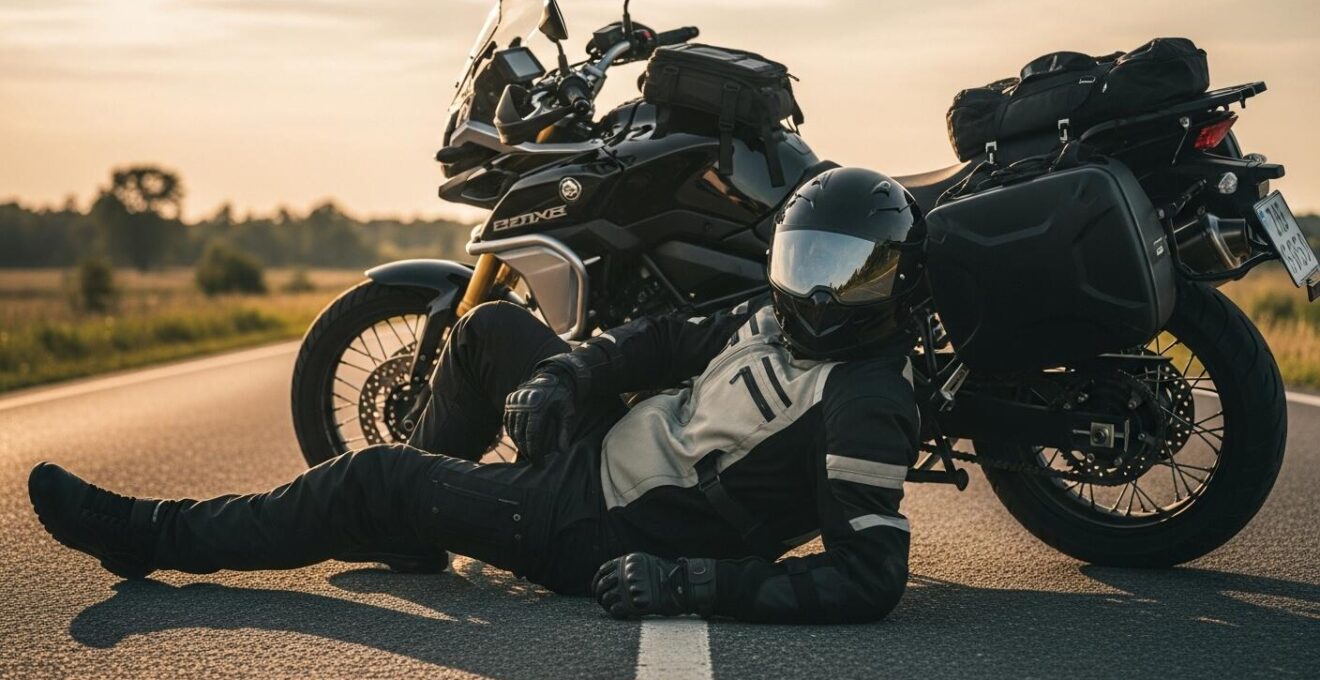 Motard sur une moto à l'arrêt sur une route de campagne, portant un équipement complet alliant confort et protection, avec un casque et un pare-brise visible, sous un ciel clair.