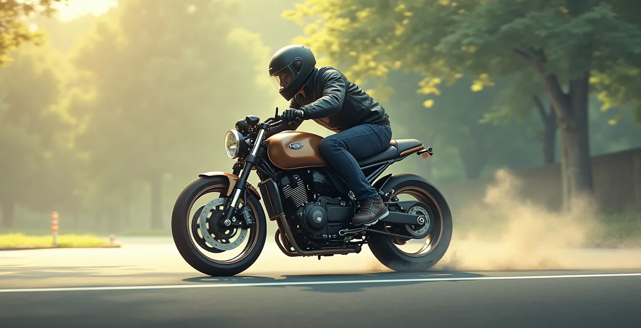 Schéma illustrant comment le buste et les hanches influencent la direction de la moto en virage.