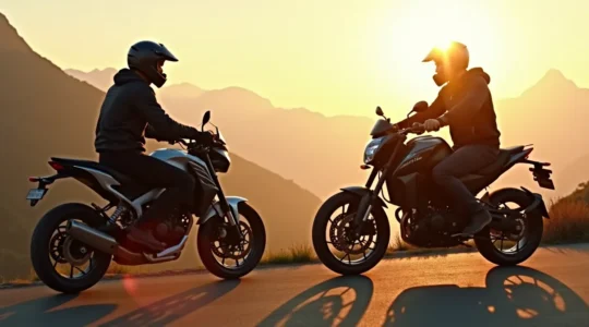 Deux motards sur des motos différentes discutant devant un paysage de montagne, symbolisant le choix personnel de la moto