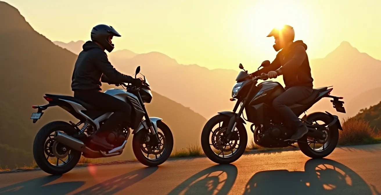 Deux motards sur des motos différentes discutant devant un paysage de montagne, symbolisant le choix personnel de la moto