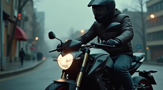 Photographie d'un motard essayant une moto dans un environnement urbain avec un focus sur l'adaptation de la moto à son utilisateur