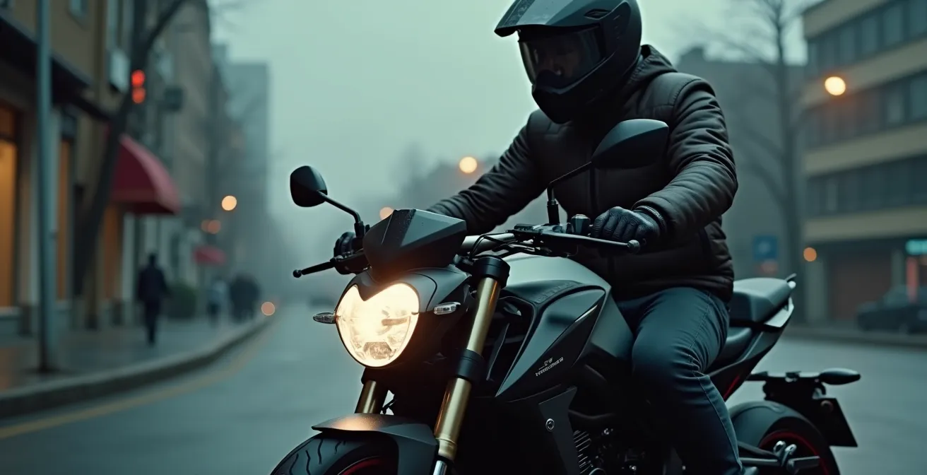 Photographie d'un motard essayant une moto dans un environnement urbain avec un focus sur l'adaptation de la moto à son utilisateur