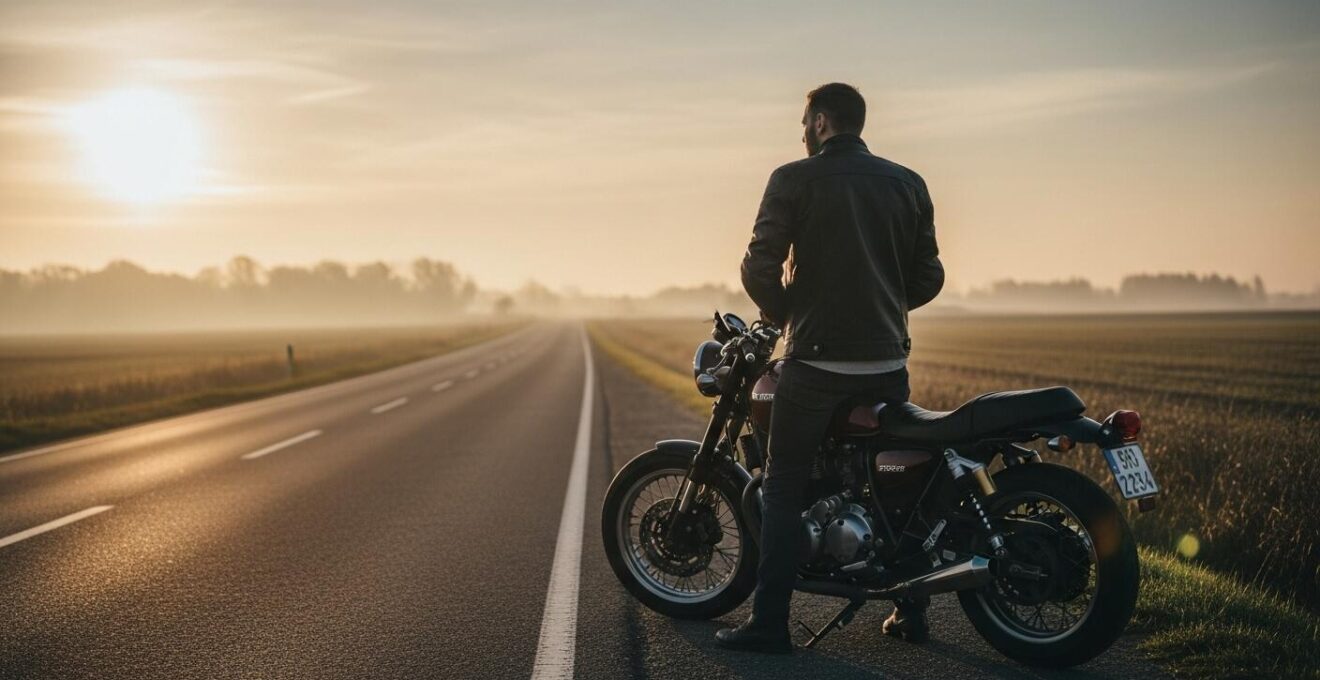 Photographie immersive d'un motard contemplant sa moto dans un paysage naturel, symbolisant l'adéquation entre la machine et son utilisateur.