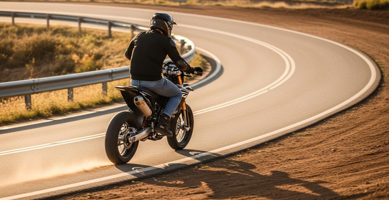 Motocycliste dynamique sur un supermotard, transformant une route sinueuse en terrain de jeu ludique