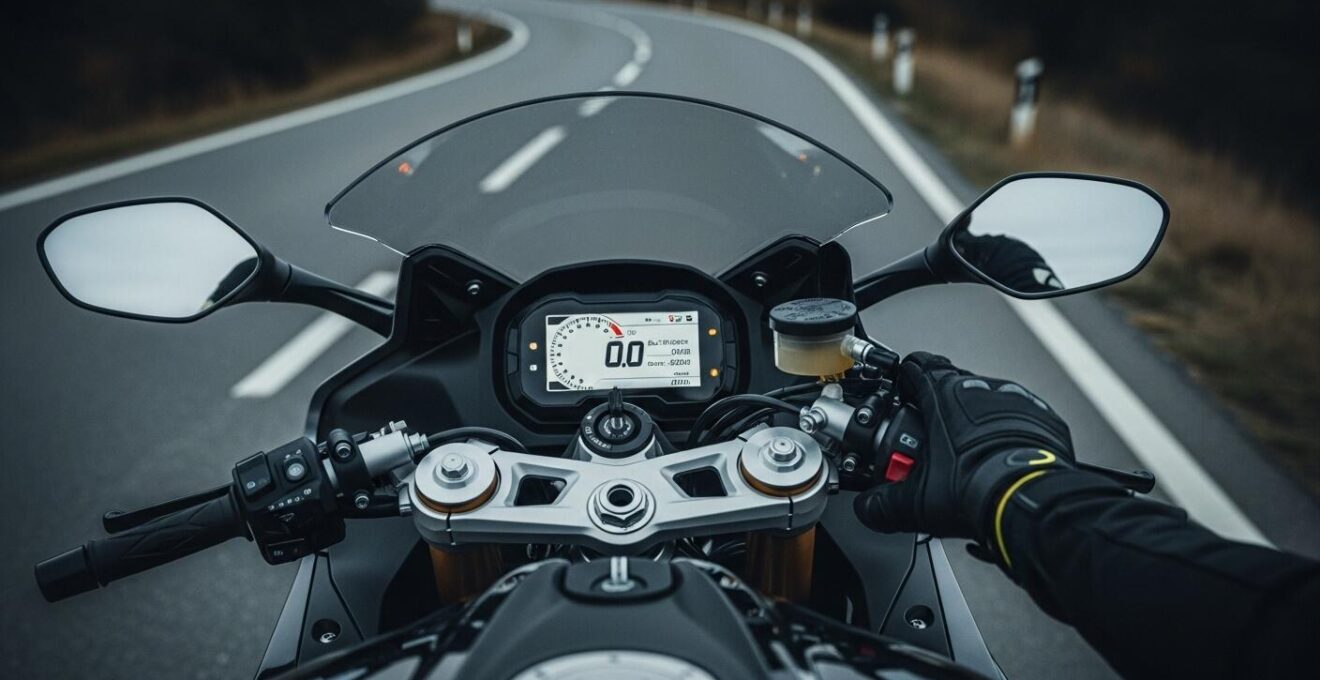 Moto sport-gt moderne vue de profil, tableau de bord électronique visible, posture dynamique sur route dégagée.