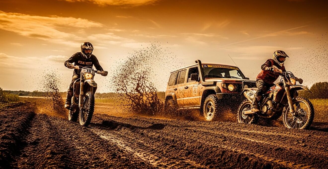 Moto et 4x4 s’affrontent dans un bourbier, obstacles naturels visibles, contraste entre agilité et force brute.