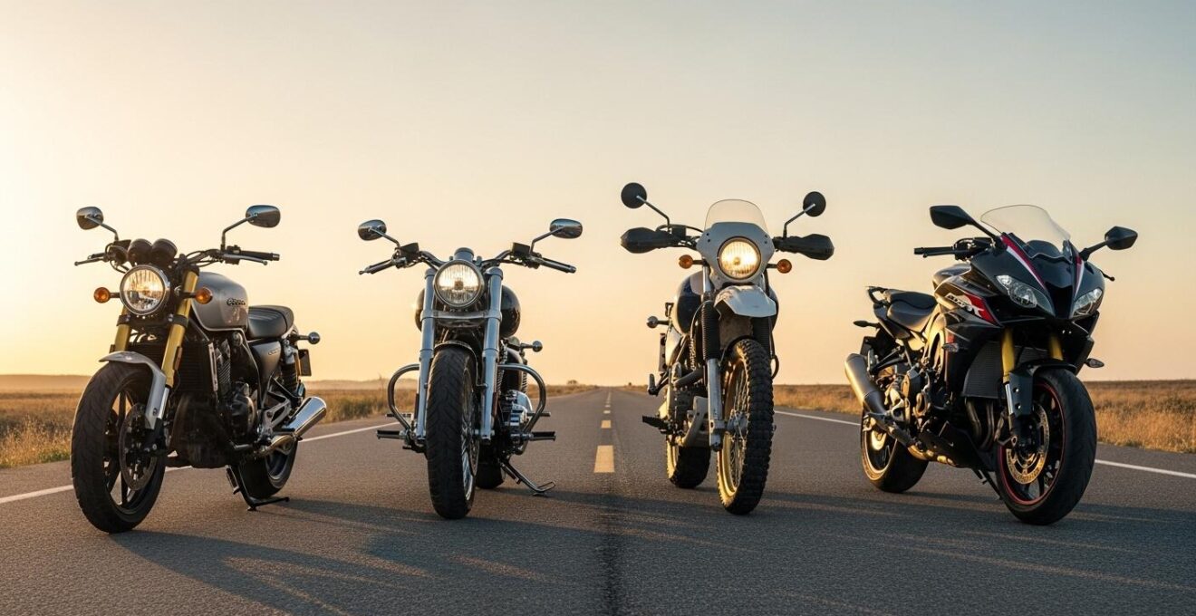 Différents types de motos alignés, illustrant les familles de motos avec leur identité visuelle unique.