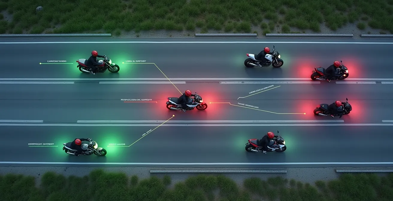 Schéma illustrant la formation en quinconce d'un groupe de motos avec les rôles d'ouvreur et de fermeur clairement définis