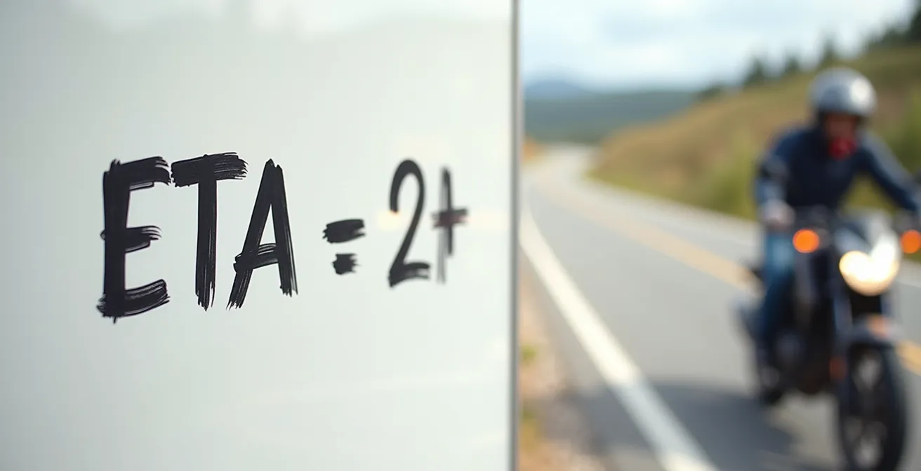 Formule mathématique simple inscrite sur un tableau avec une moto en arrière-plan sur une route