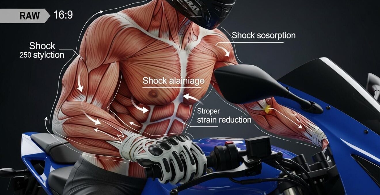 Représentation graphique d'un motard en posture gainée sur sa moto, avec les muscles du tronc mis en évidence et des flèches illustrant l'absorption des chocs et le soutien de la posture.