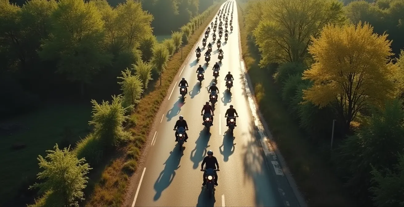 Formation de motards s'adaptant fluidement aux changements de route et conditions