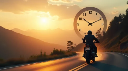 Un motard sur une route panoramique au lever du soleil, avec une horloge transparente fusionnée dans le ciel représentant son rythme circadien.
